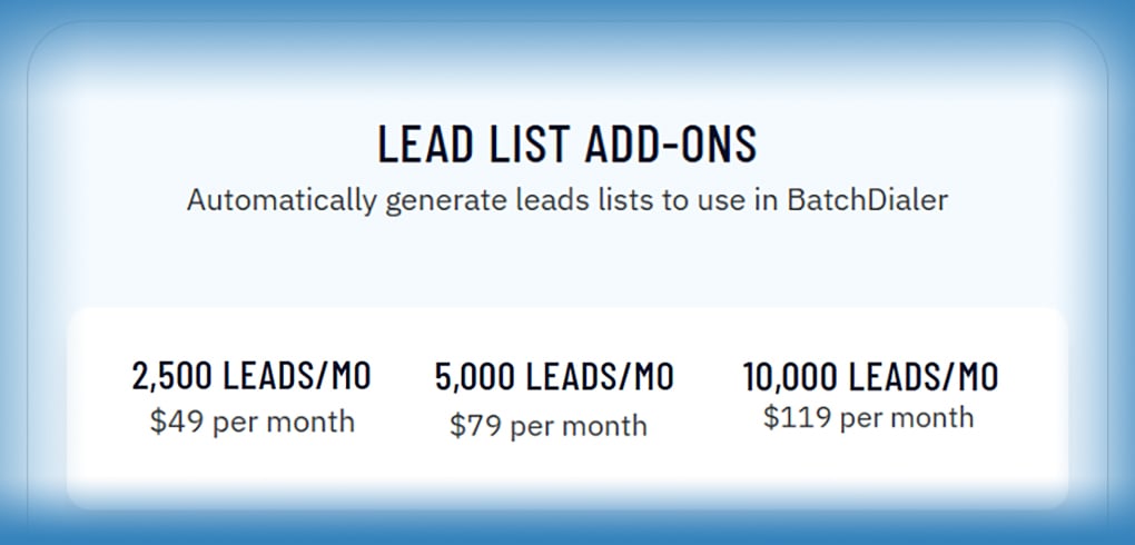 Batchdialer lead list add-on pricing graphic