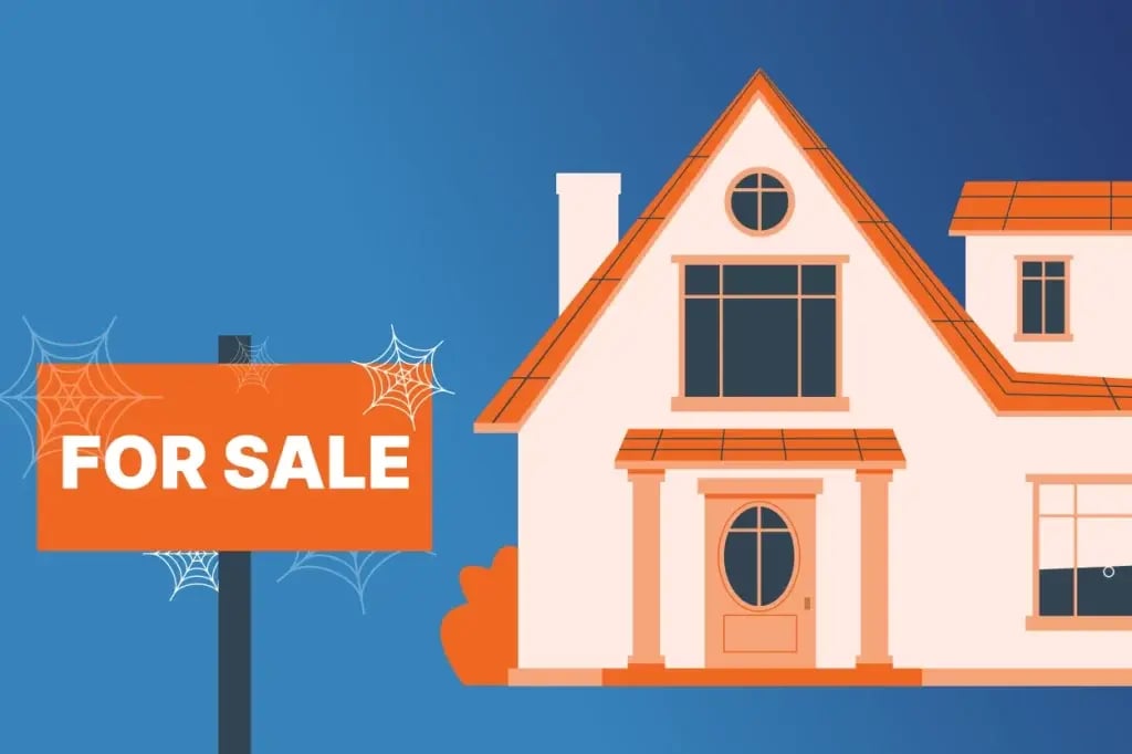 a visual showing an old “For Sale” sign covered in cobwebs in front of a home.
