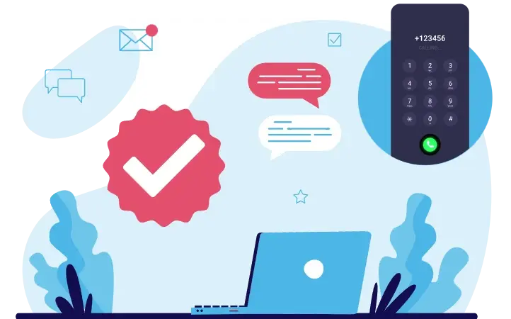 Image of Call Center Tools like Computer, SMS, Phone and decorations