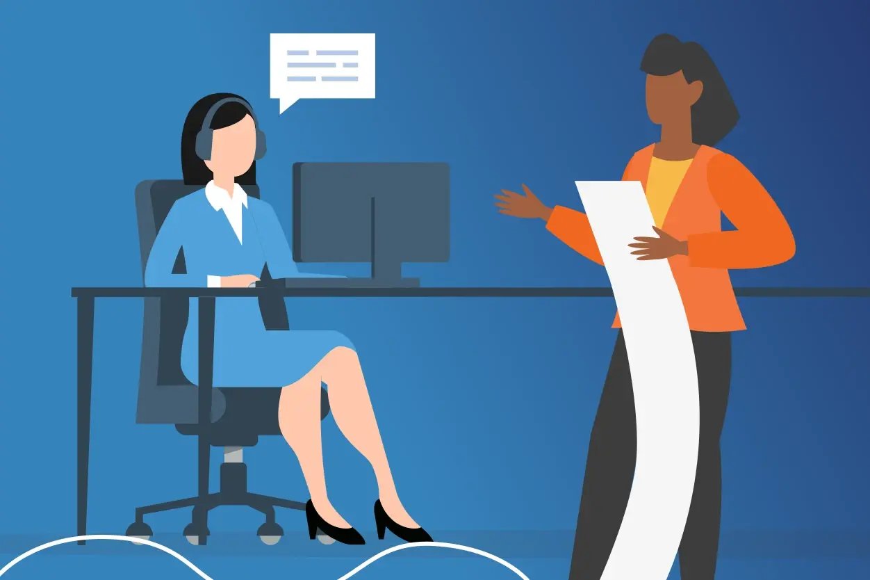 An image of a call center agent holding a never-ending scroll of paper.