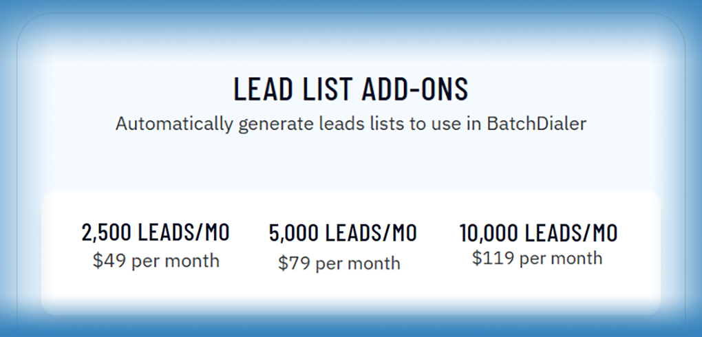 Batchdialer lead list add-on pricing graphic