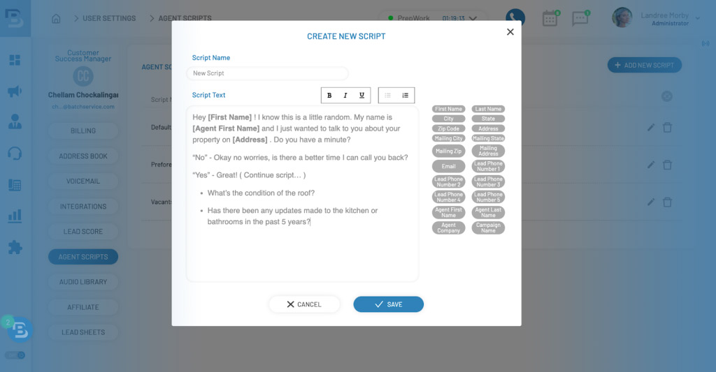 Custom script dashboard in BatchDialer
