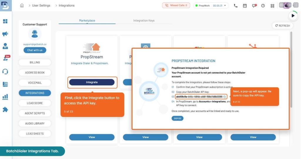 BatchDialer Integrations tab