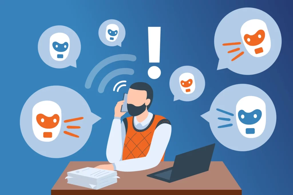  a visual showing one person receiving calls from multiple AI voice bots at once, representing the growing scale of AI-powered voice scams.