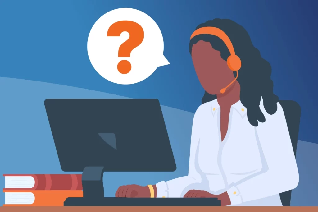 A graphic that shows an  a confused call center agent